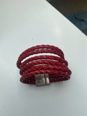 Red Braided Leather Wrap Bracelet with Metal Clasp